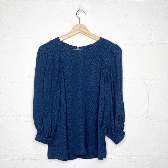 Whistles Women's Blue Animal Jacquard Leopard Balloon Sleeve Blouse Size 4 - Picture 1 of 7